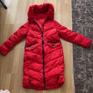 Women's Red Quilted Coat with Faux Fur Hood